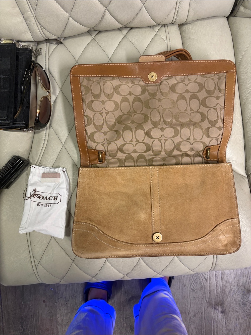 Coach Tan Suede and Leather Shoulder Bag with Buckle - Picture 2 of 6
